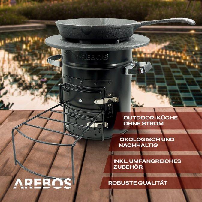 Arebos  Raketenofen inkl. Grillpfanne Dutch Oven BBQ Rocket Stove Camping-Ofen 