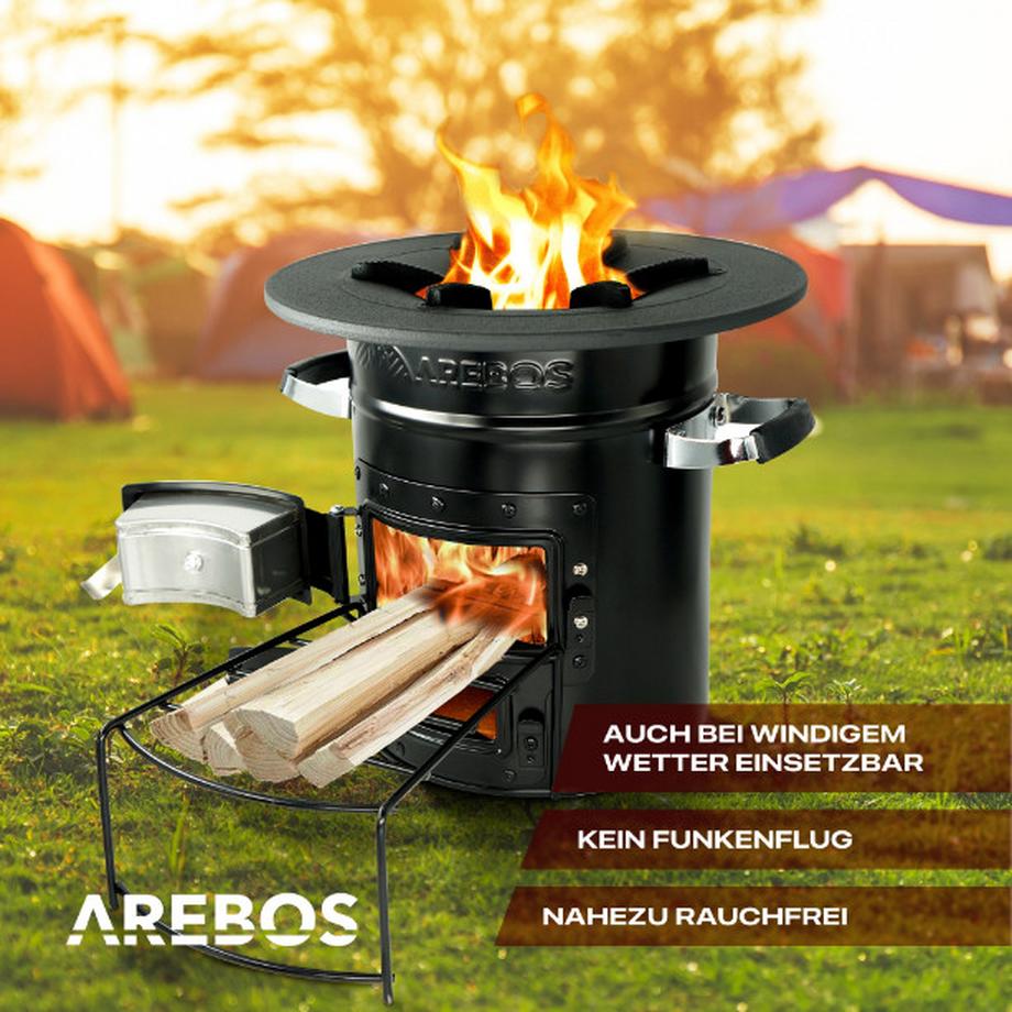 Arebos  Raketenofen inkl. Grillpfanne Dutch Oven BBQ Rocket Stove Camping-Ofen 