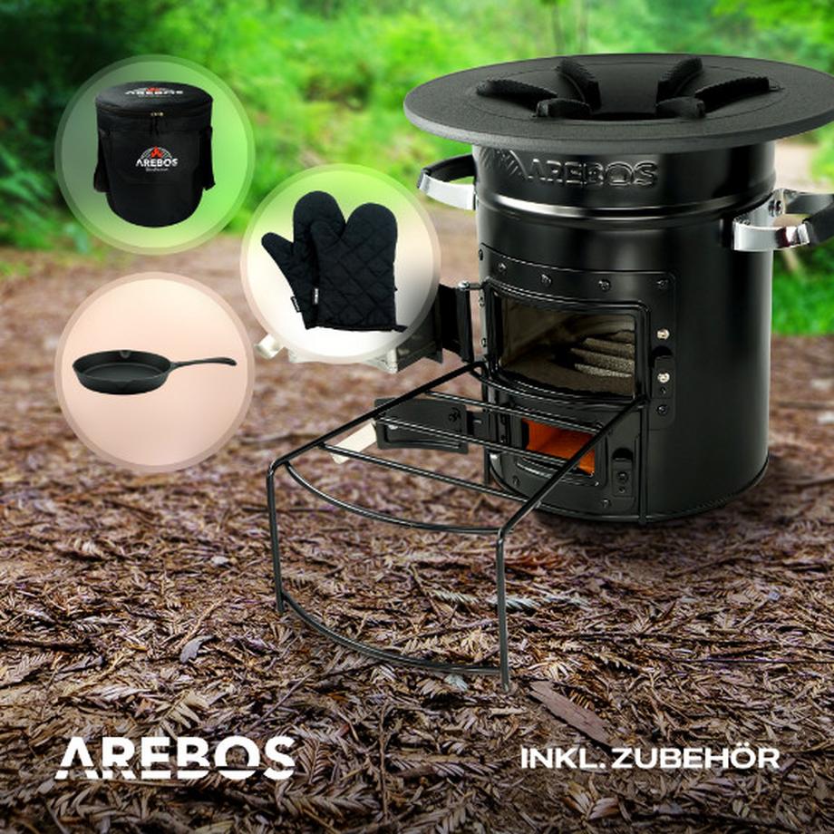 Arebos  Raketenofen inkl. Grillpfanne Dutch Oven BBQ Rocket Stove Camping-Ofen 
