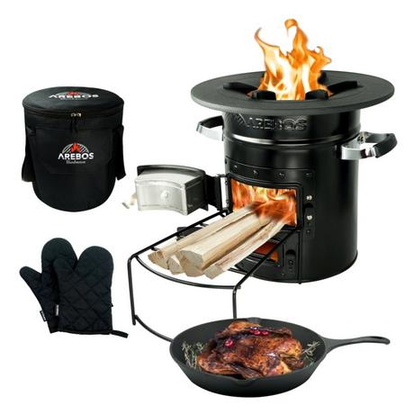 Arebos  Raketenofen inkl. Grillpfanne Dutch Oven BBQ Rocket Stove Camping-Ofen 