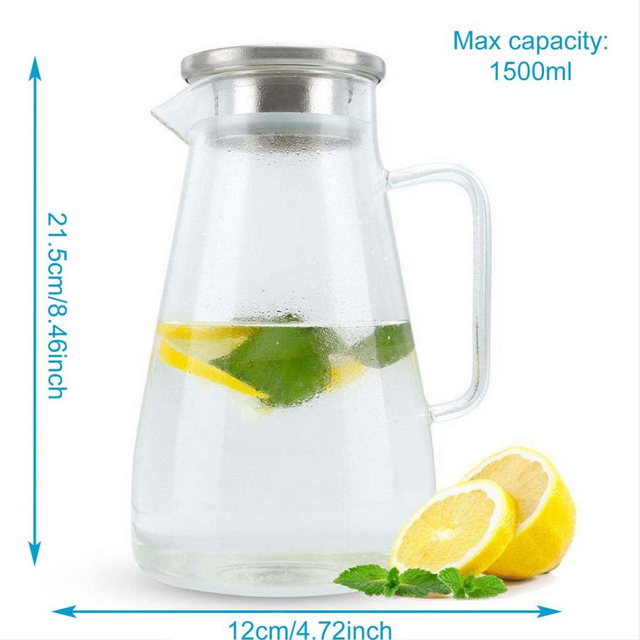Intirilife Intirilife 1,5l Caraffa in CHIARO - Brocca con coperchio in vetro borosilicato con manico e filtro estraibile adatta per bevande calde e fredde - acqua caffè ghiaccio tè ecc.  