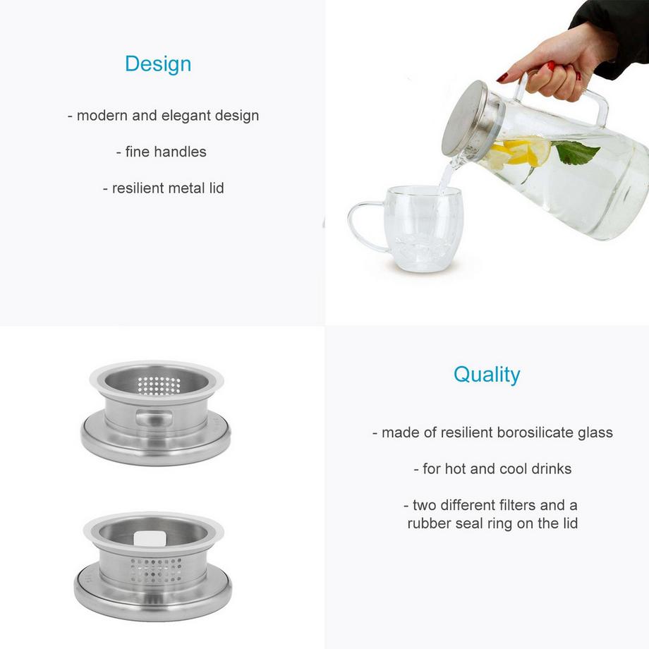 Intirilife Intirilife 1,5l Caraffa in CHIARO - Brocca con coperchio in vetro borosilicato con manico e filtro estraibile adatta per bevande calde e fredde - acqua caffè ghiaccio tè ecc.  