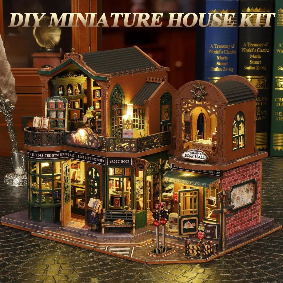 Activity-board  DIY Miniature Dollhouse Kit, Wooden Dollhouse Construction Kit, Miniature House Kit with LED Light and Movements 