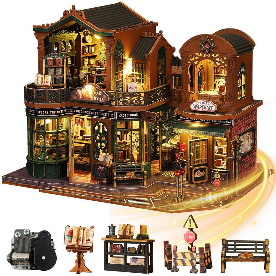 Activity-board  DIY Miniature Dollhouse Kit, Wooden Dollhouse Construction Kit, Miniature House Kit with LED Light and Movements 