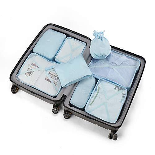 Only-bags.store  Organisateur de valise, sacs à vêtements pour le voyage, 8 pièces, 7 couleurs, organisateur de bagages de voyage incluant un sac de rangement de chaussures imperméable, sacs de compression pratiques pour les voyageurs, bleu clair 