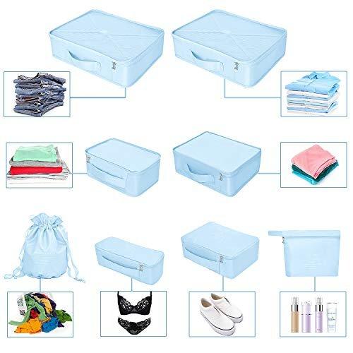 Only-bags.store  Organisateur de valise, sacs à vêtements pour le voyage, 8 pièces, 7 couleurs, organisateur de bagages de voyage incluant un sac de rangement de chaussures imperméable, sacs de compression pratiques pour les voyageurs, bleu clair 