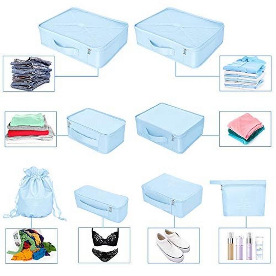 Only-bags.store  Koffer-Organizer, Kleidersäcke für Reisen, 8-teiliges Set, 7 x Farben, Reisegepäck-Organizer inklusive wasserdichtem Schuhaufbewahrungsbeutel, praktische Kompressionsbeutel für Reisende,/blau 
