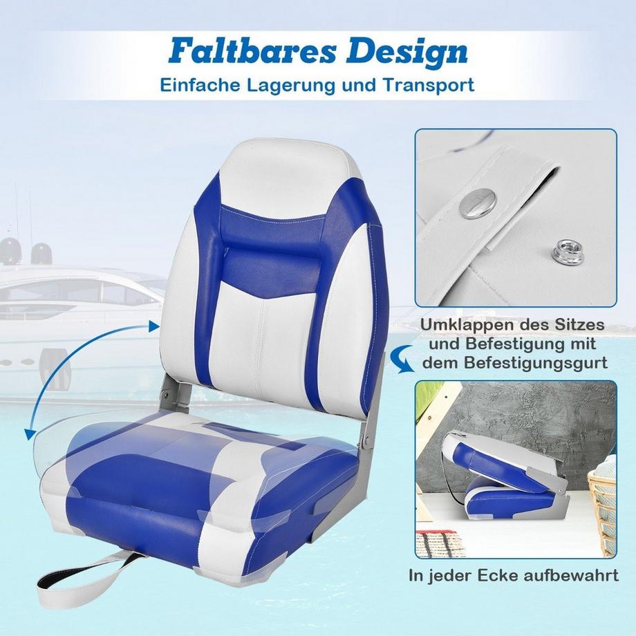 Northio  Hochlehner Bootssitz mit 10 cm Dicker Schwammpolsterung Klappbarer Bootsstuhl Blau Weiß 
