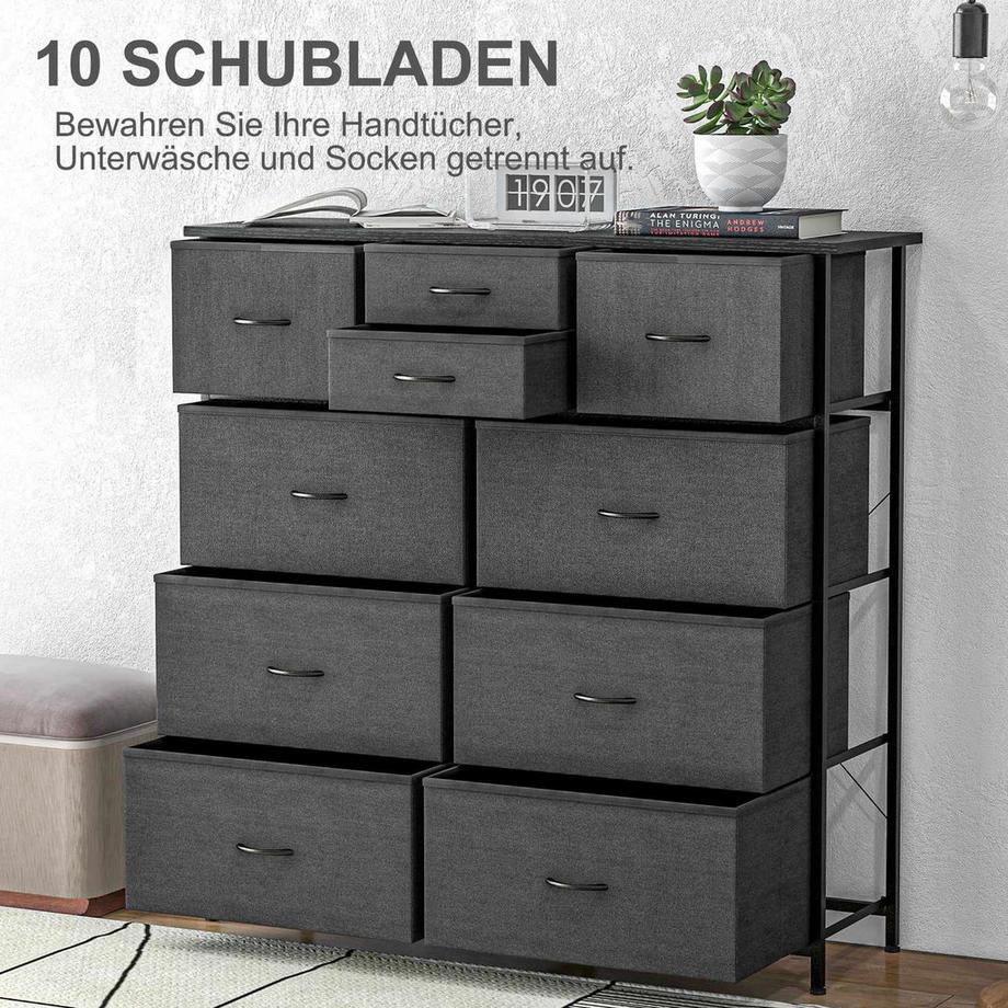 Northio Kommode, Aufbewahrungsschrank mit 10 Faltbaren Stoffschubladen, Sideboard im Modern-Stil für Wohnzimmer, Schlafzimmer, Stahl, Schwarz  