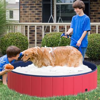 PawHut  Piscina Per Cani Grande Piscina Per Cani, Piscina In Pvc + Legno, Rossa, Ø140Xh30 Cm, Divertimento Estivo 