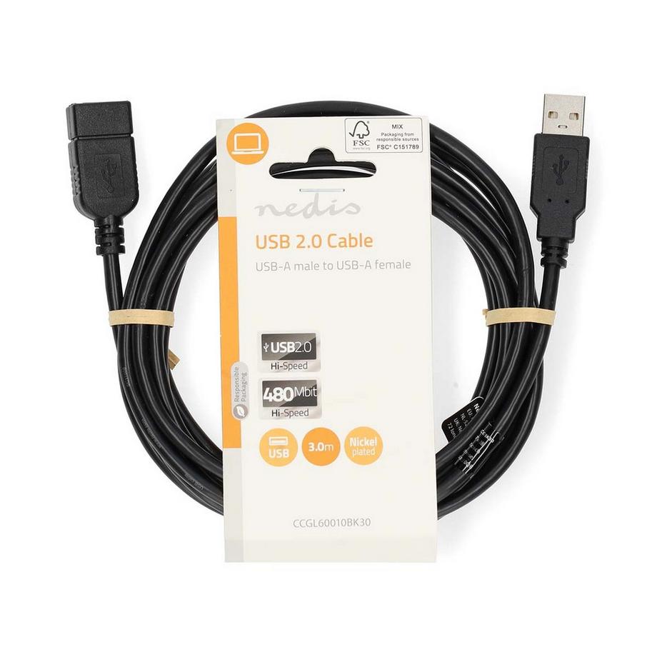 Nedis  Cavo USB | USB 2.0 | USB-un maschio | USB-A Female | 480 Mbps | Nichel -placcati | 3,00 m | Round | PVC | Nero | Etichetta 