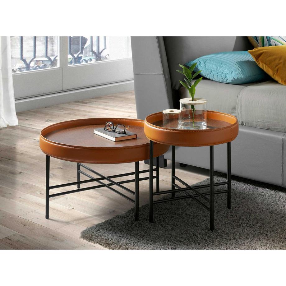 ANGEL CERDA Table d'angle ronde en simili cuir, noyer et acier noir  