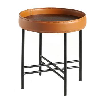 Table d'angle ronde en simili cuir, noyer et acier noir