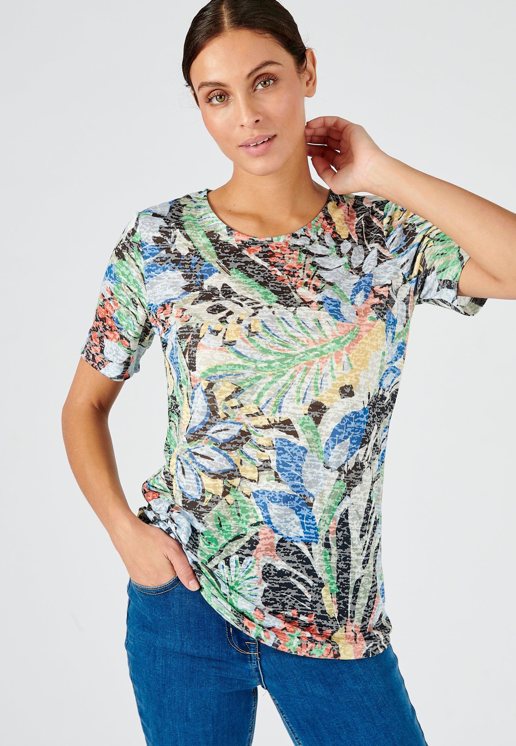 Image of Bedrucktes T-shirt Aus Gewebe Mit Ausbrennern. Damen Blau 46-48
