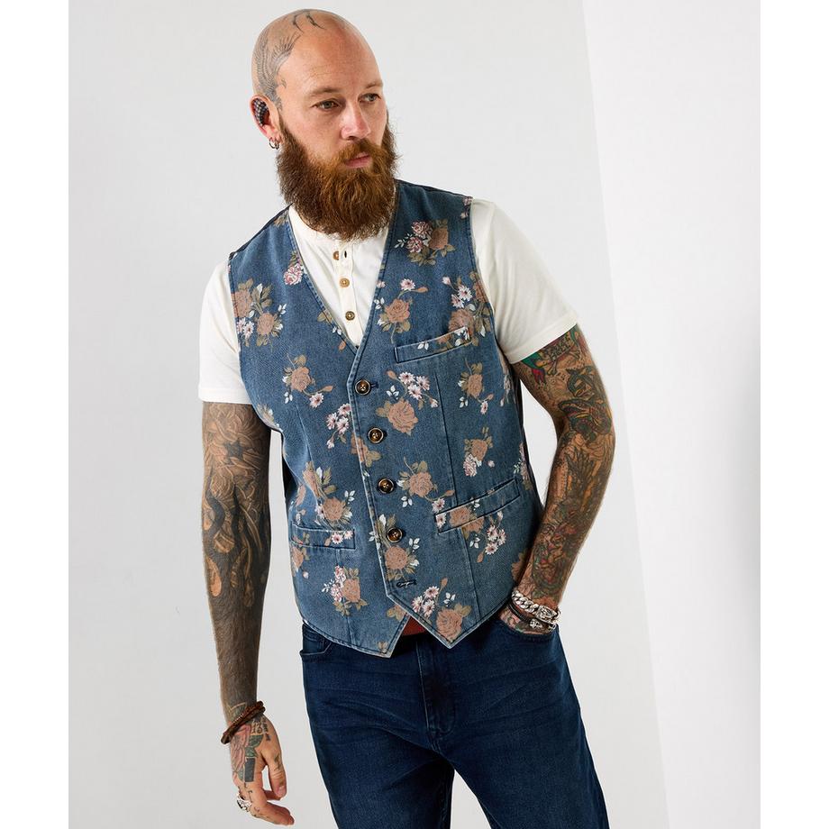 Veston en denim délavé à imprimé floral
