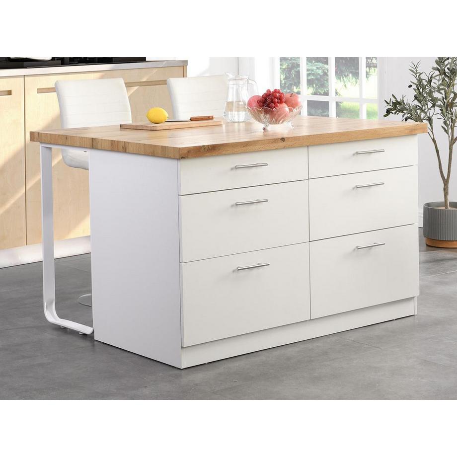Vente-unique  Ilot central de cuisine avec 6 tiroirs en MDF et métal - Blanc et Naturel clair - ALEGRITA 
