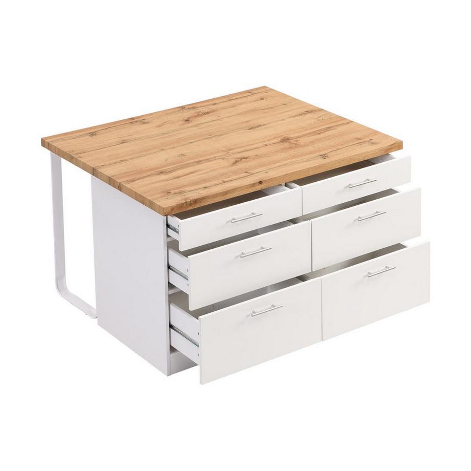 Vente-unique  Ilot central de cuisine avec 6 tiroirs en MDF et métal - Blanc et Naturel clair - ALEGRITA 