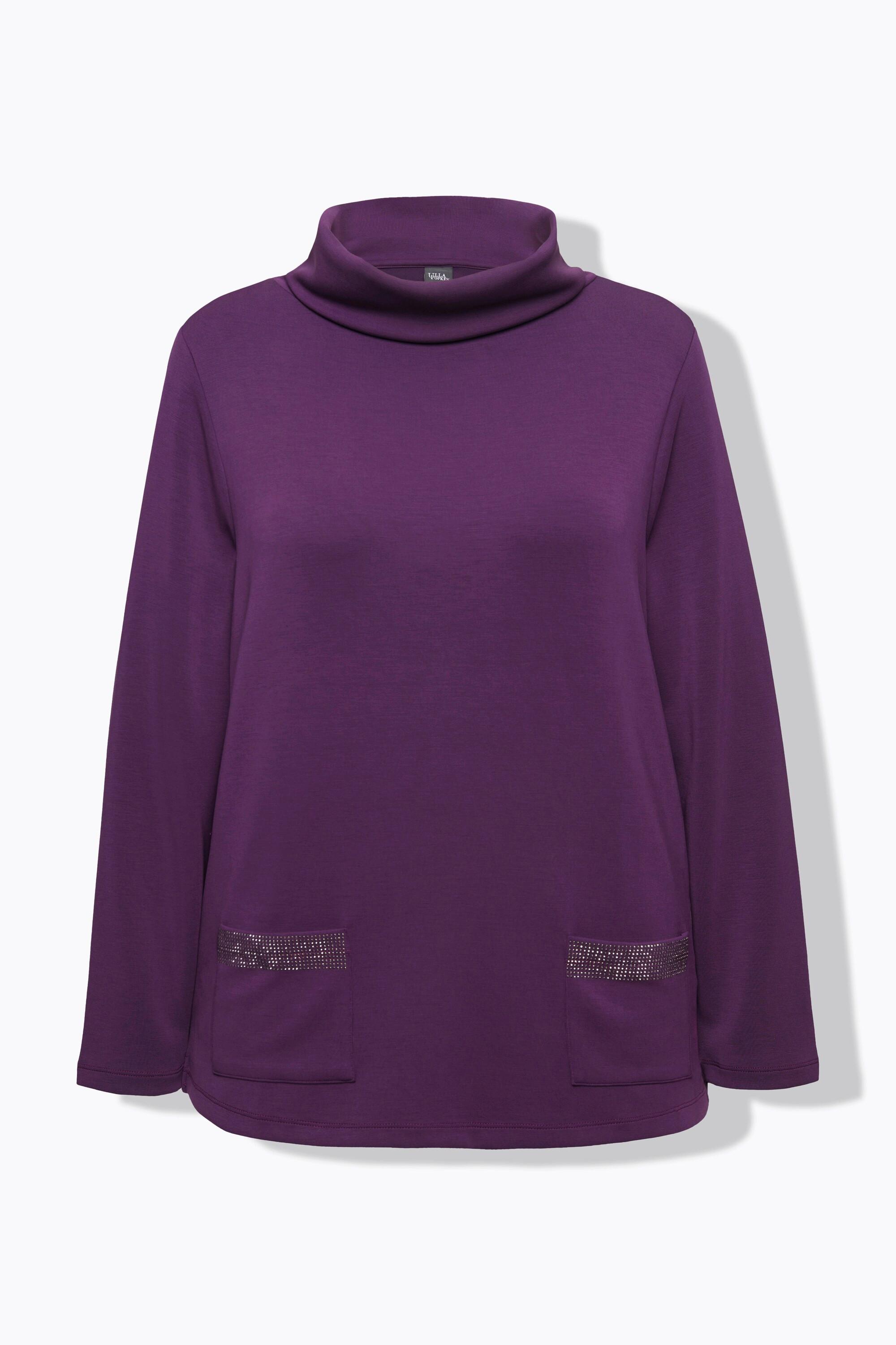 Ulla Popken  Sweat-shirt à col montant et manches longues, coupe boxy, strass sur les poches 