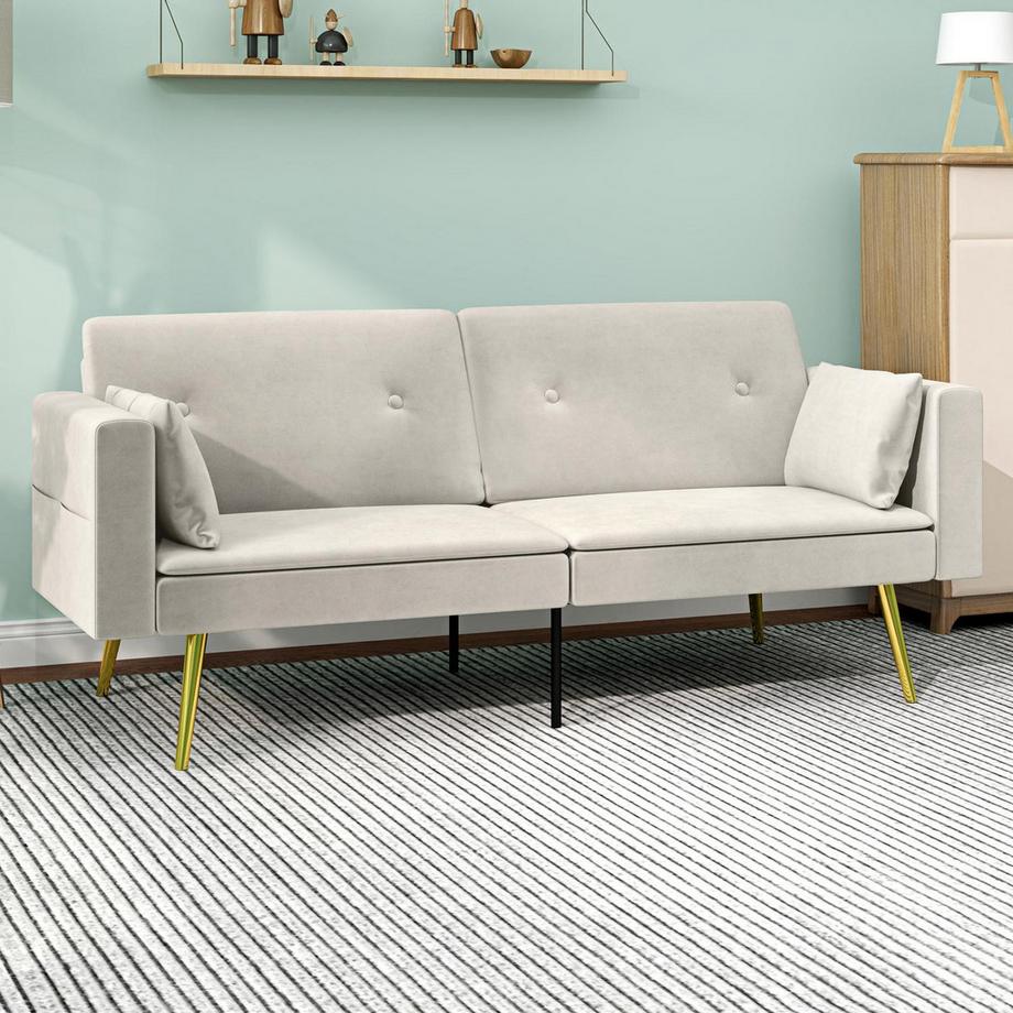 Northio Schlafsofa, Schlafcouch mit Verstellbar Rückenlehne, Seitentasche, Gepolstert 2er-Sofa mit Schlaffunktion, Kissen, für Wohnzimmer, Schlafzimmer, Beige  