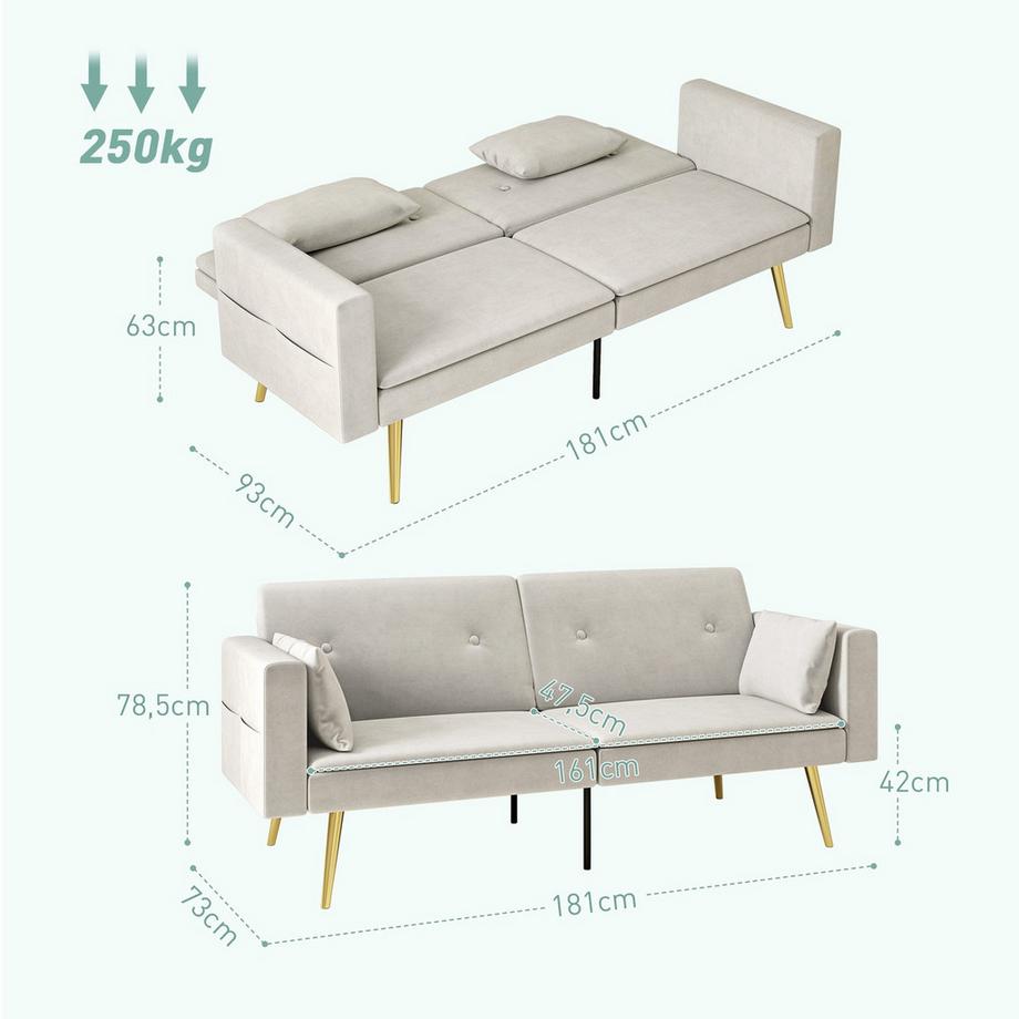 Northio Schlafsofa, Schlafcouch mit Verstellbar Rückenlehne, Seitentasche, Gepolstert 2er-Sofa mit Schlaffunktion, Kissen, für Wohnzimmer, Schlafzimmer, Beige  