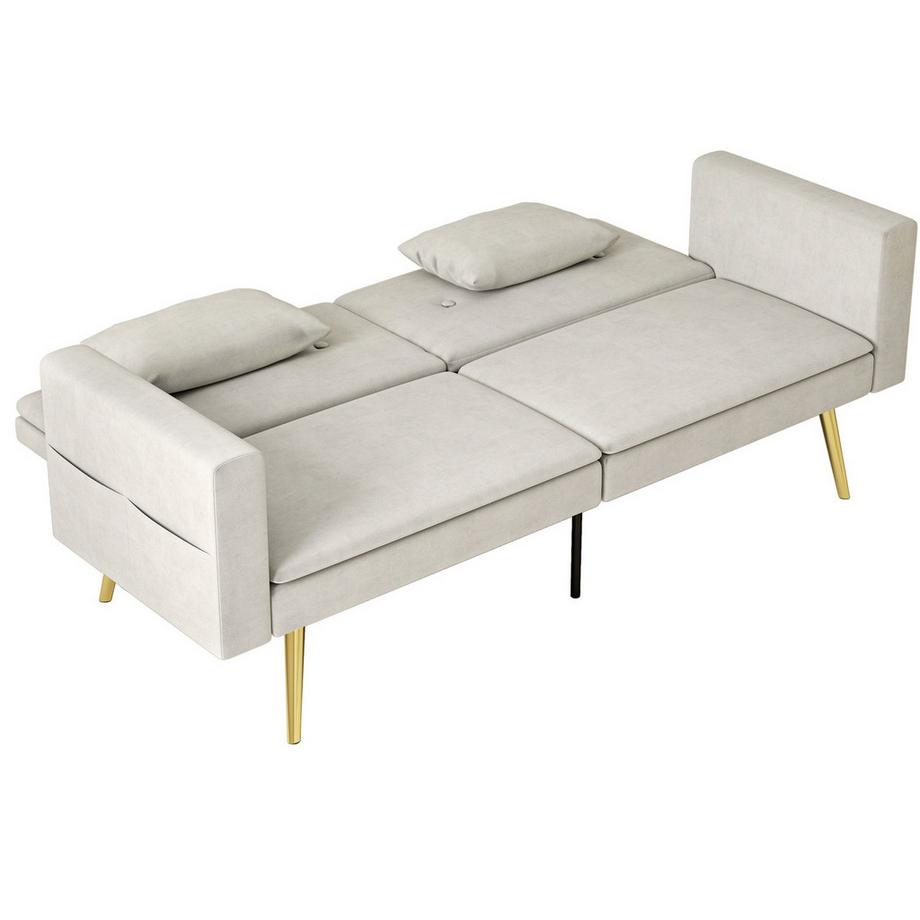 Schlafsofa, Schlafcouch mit Verstellbar Rückenlehne, Seitentasche, Gepolstert 2er-Sofa mit Schlaffunktion, Kissen, für Wohnzimmer, Schlafzimmer, Beige