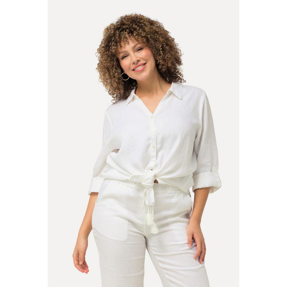 Ulla Popken Leinen Langarm Bluse mit offenem Kragen  