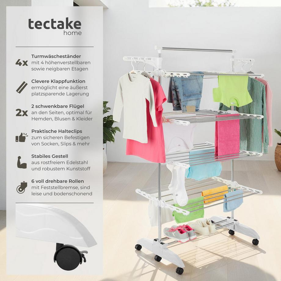 Tectake  Turmwäscheständer Odelia klappbar 4 stufenlos höhenverstellbare Etagen 