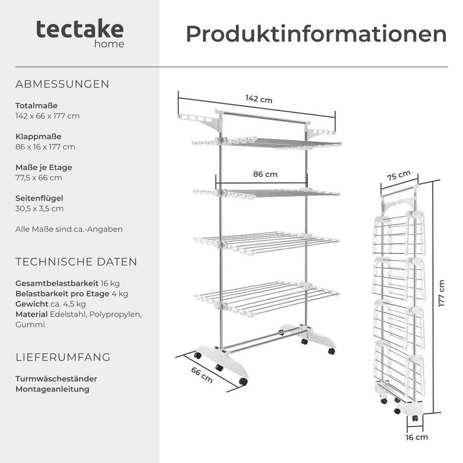 Tectake  Turmwäscheständer Odelia klappbar 4 stufenlos höhenverstellbare Etagen 
