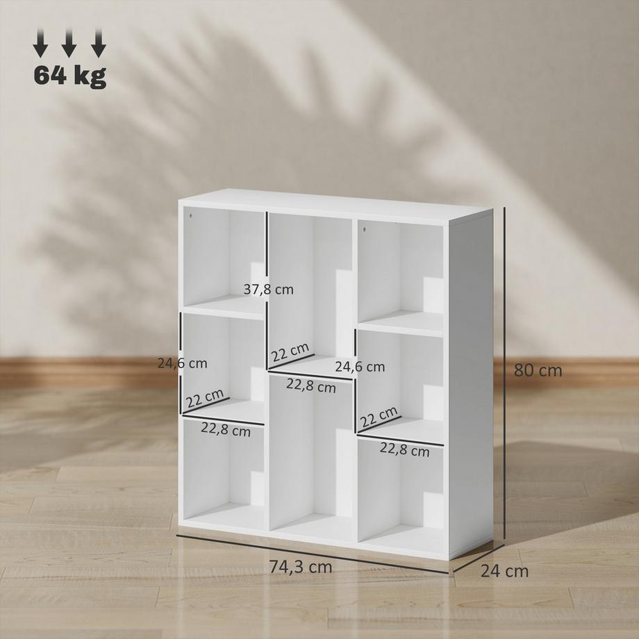 Northio Bibliothèque à 3 niveaux, 8 compartiments, aggloméré, étagère de rangement, blanche  