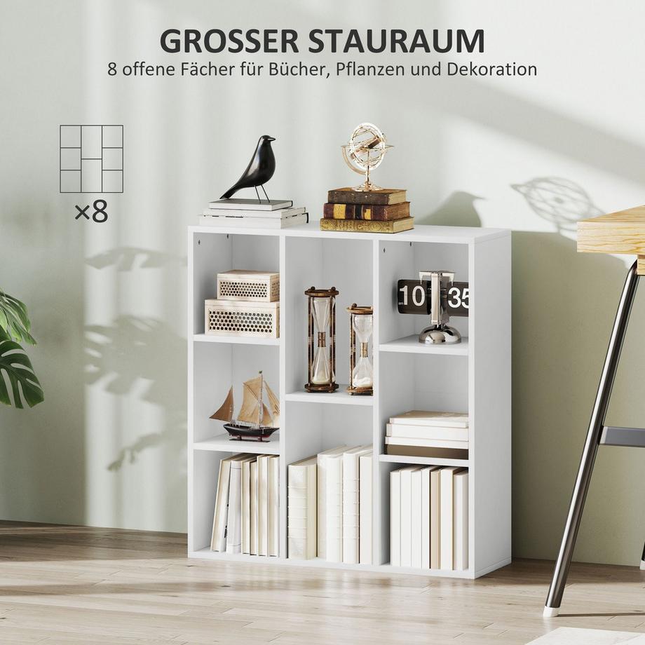 Northio Bibliothèque à 3 niveaux, 8 compartiments, aggloméré, étagère de rangement, blanche  