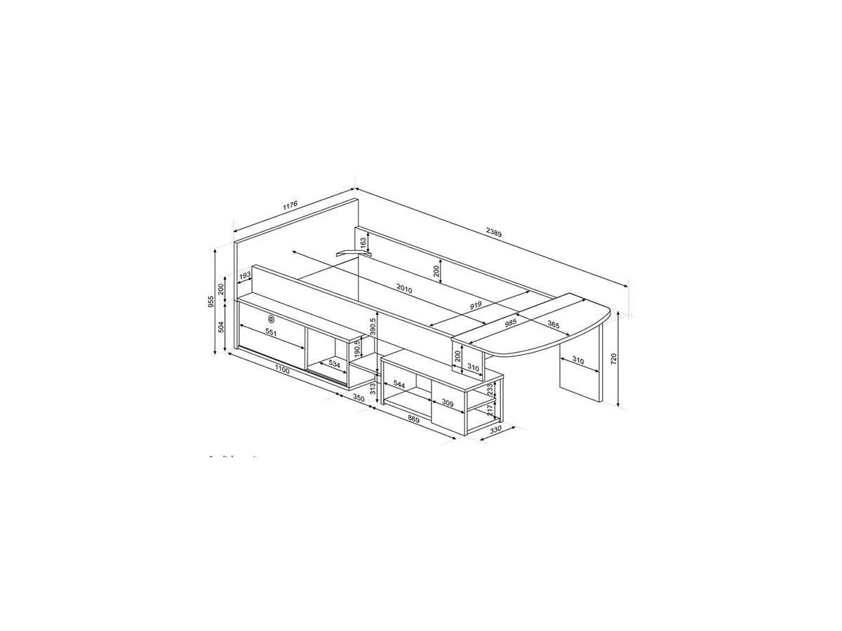 Vente-unique Kombibett 90 x 200 cm mit Schreibtisch & Stauraum - Weiß & Holzfarben - PALOMA  