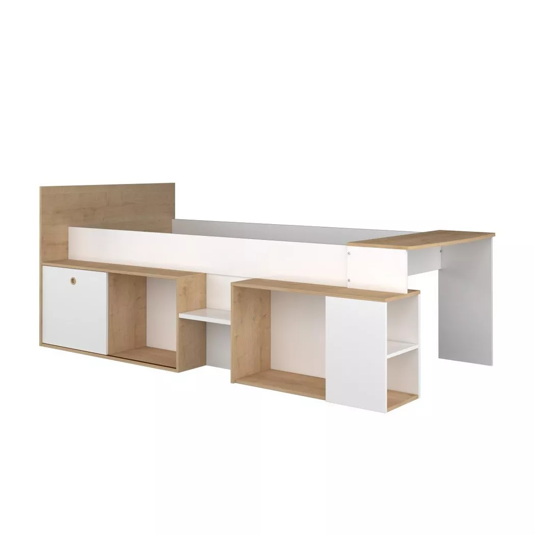 Vente-unique - Lit combiné 90 x 200 cm avec bureau et rangements - Blanc et naturel - paloma
