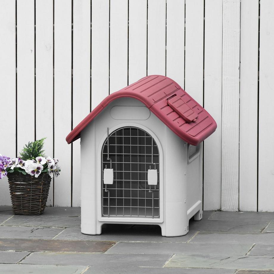 Northio  Hundehütte Outdoor Hundehaus Mit Dachluke Tor Unterschlupf Für Kleine Hunde Kleintierstall Luftzirkulation Wasserdicht Metall Pp Rot+Hellgrau 