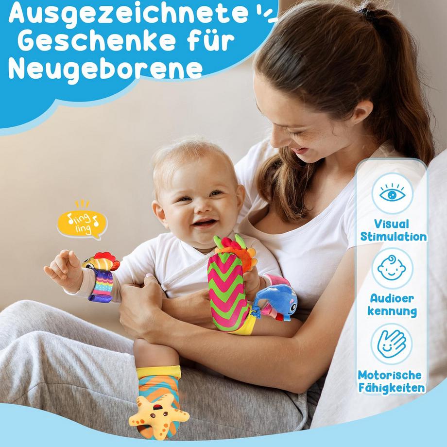 Activity-board  4 x Rassel Babysocken, Handgelenk und neugeborenes Spielzeug für Babys 