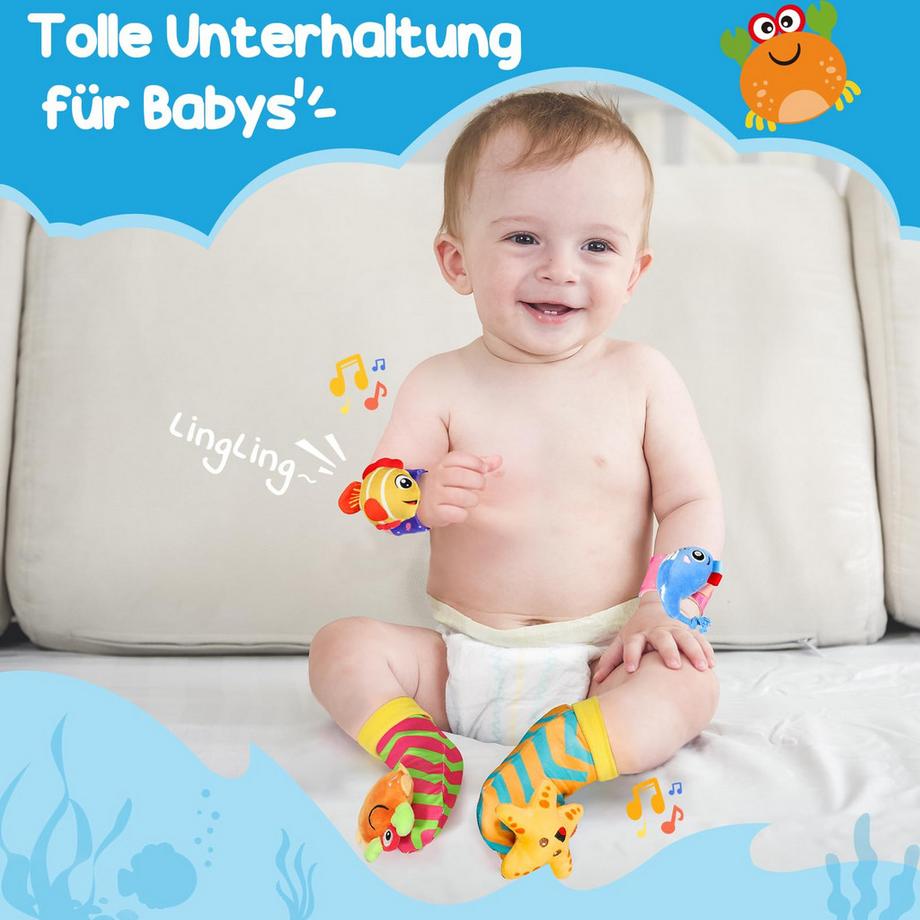 Activity-board  4 x Rassel Babysocken, Handgelenk und neugeborenes Spielzeug für Babys 