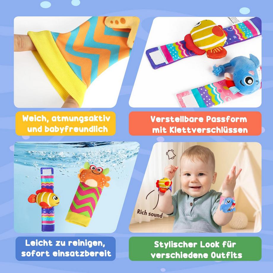 Activity-board  4 x Rassel Babysocken, Handgelenk und neugeborenes Spielzeug für Babys 