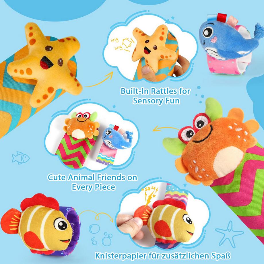 Activity-board  4 x Rassel Babysocken, Handgelenk und neugeborenes Spielzeug für Babys 