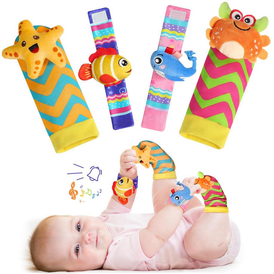 4 x chaussettes bébé hochet, poignet et jouet nouveau-né pour bébés