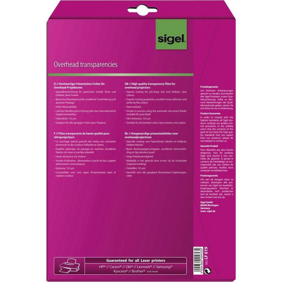Sigel  Overhead-Folien für Farb-Laser/-Kopierer, 125 µm, A4, 20 Blatt 