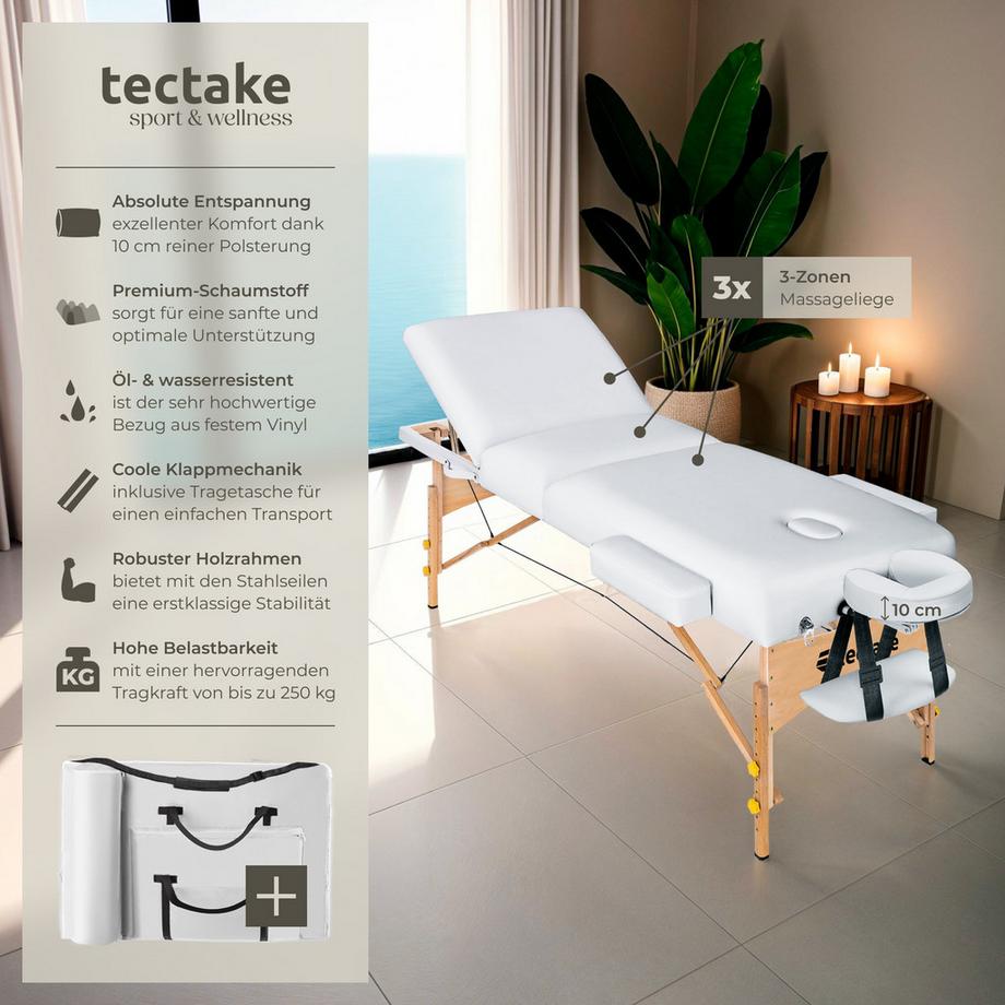 Tectake Table de massage portable et pliante à 3 zones  largeur 70 cm et rembourrage 10 cm  