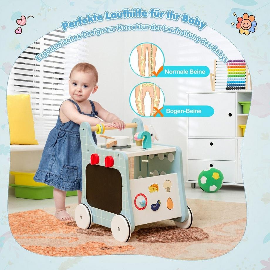 Northix  Trotteur en bois 6 en 1 avec cuisine ludique & horloge d'apprentissage & réglage de forme & trotteur bleu 