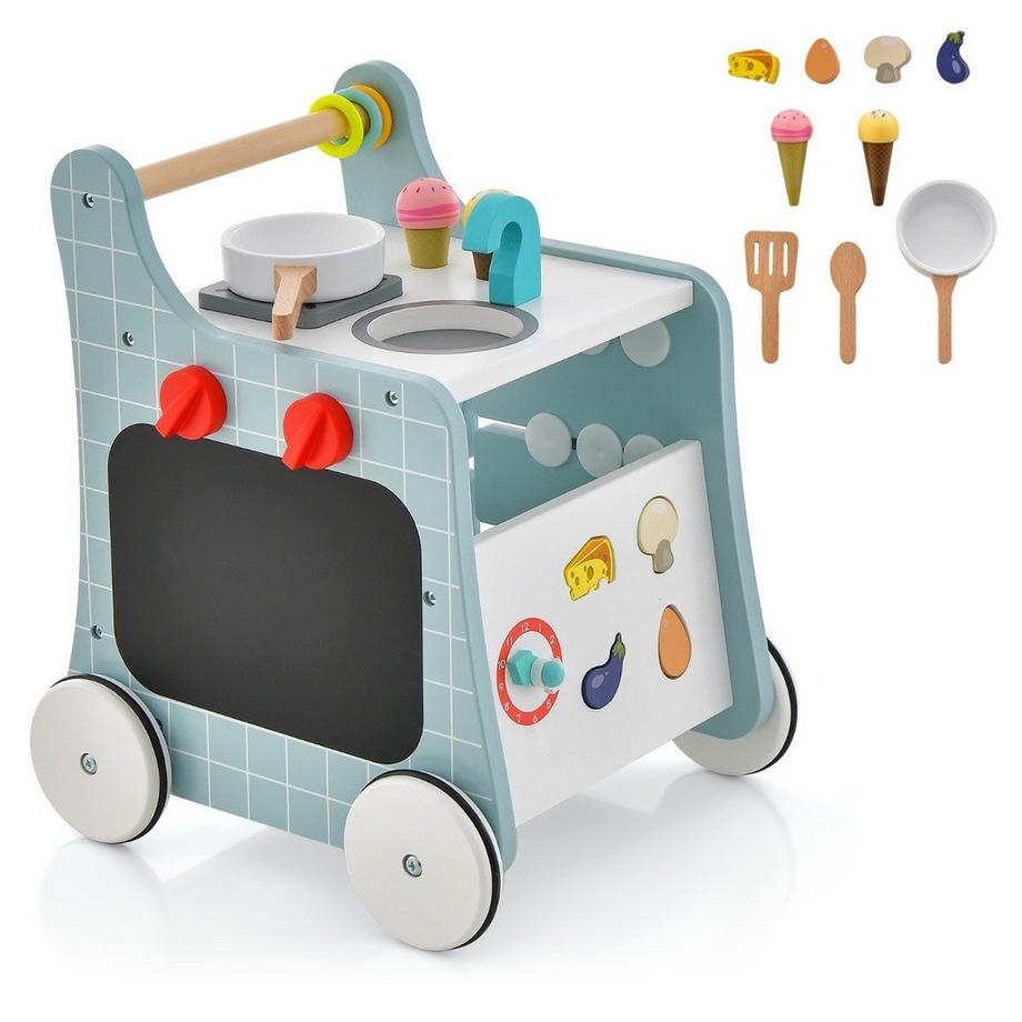 Northix  Trotteur en bois 6 en 1 avec cuisine ludique & horloge d'apprentissage & réglage de forme & trotteur bleu 