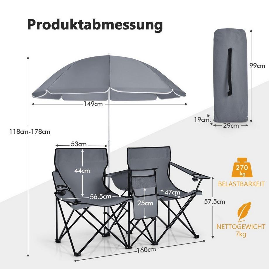 Northix  Chaise de camping avec parasol double chaise pliante avec porte-gobelet sac isotherme gris 