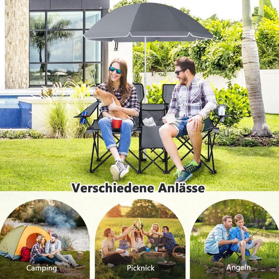 Northix  Chaise de camping avec parasol double chaise pliante avec porte-gobelet sac isotherme gris 