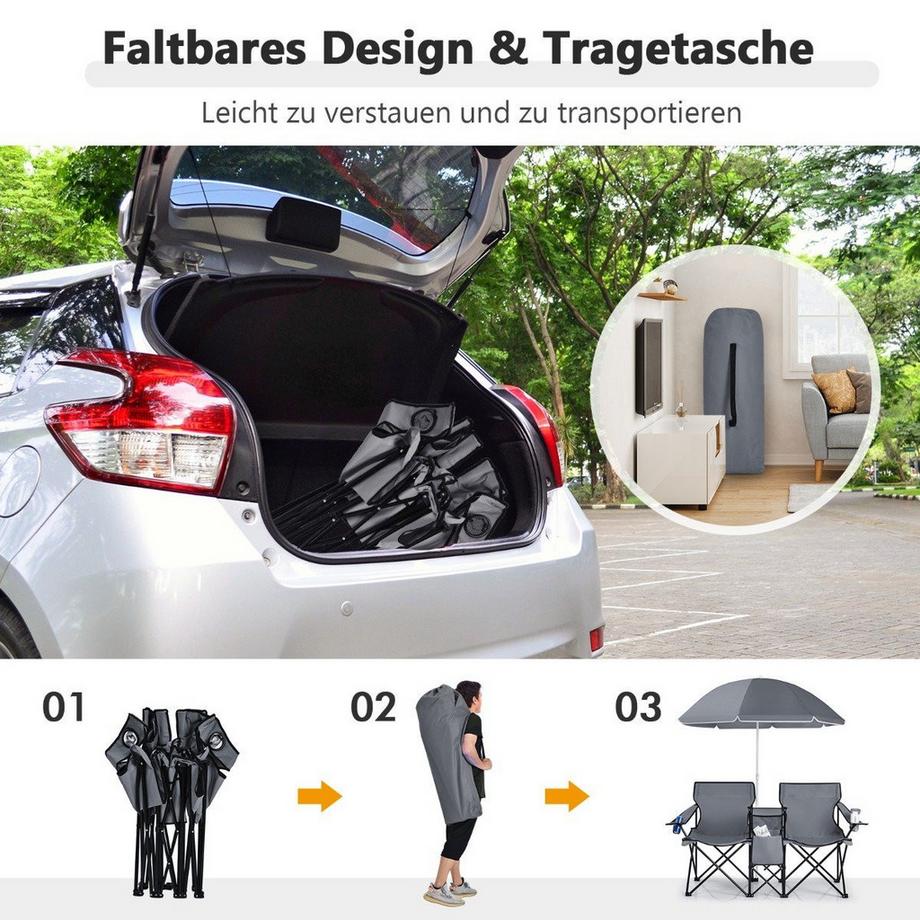 Northix  Chaise de camping avec parasol double chaise pliante avec porte-gobelet sac isotherme gris 