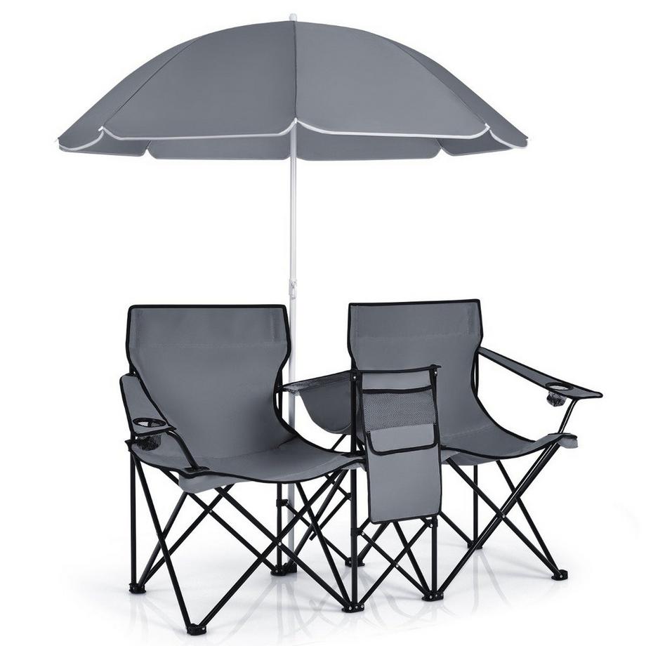 Northix  Chaise de camping avec parasol double chaise pliante avec porte-gobelet sac isotherme gris 