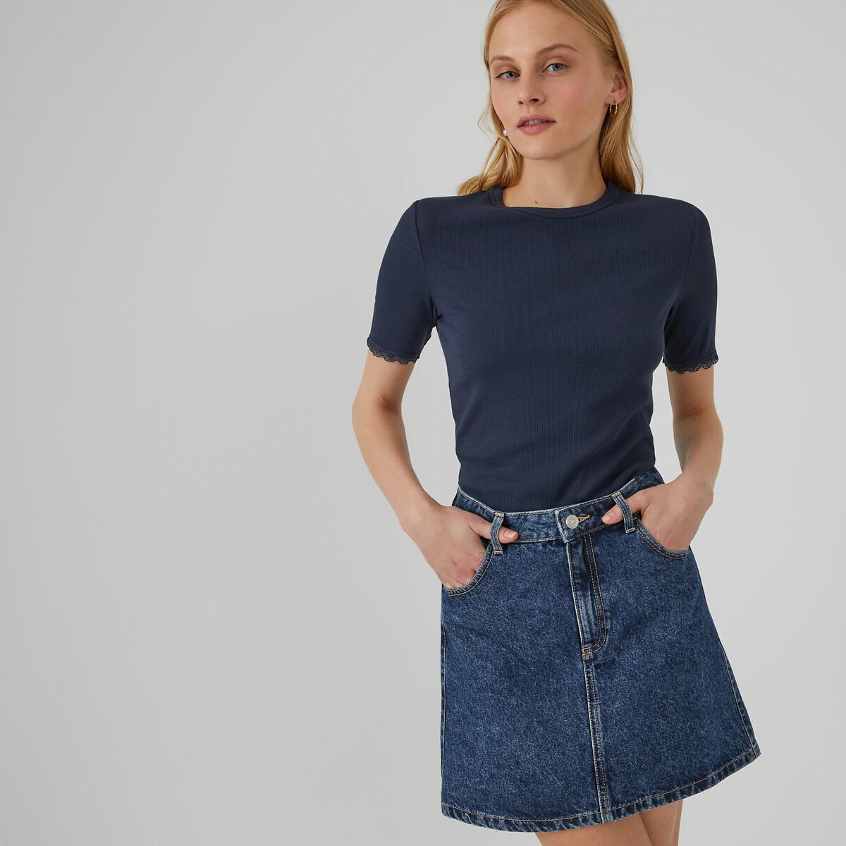 Image of Shirt Mit Rundem Ausschnitt Und Spitzendetail Damen Blau M