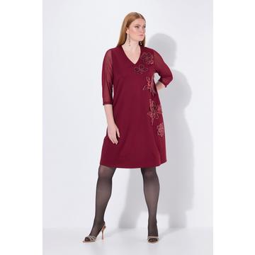 Punto-Kleid, Pailletten-Blüten, V-Ausschnitt, 3/4-Arm