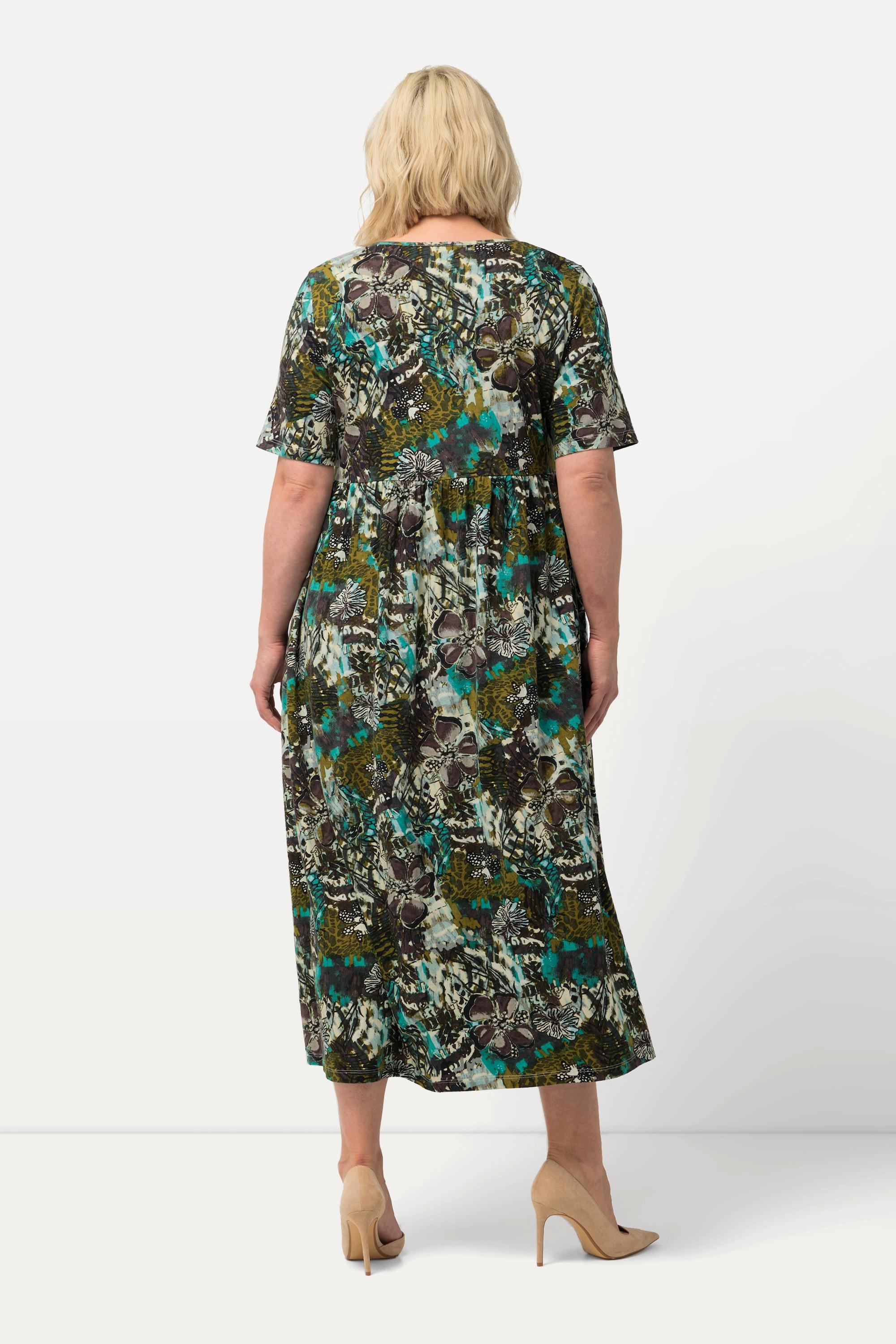 Ulla Popken  Robe en jersey, fleurs, silhouette en A, col tunisien, manches mi-hauteur 