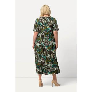 Ulla Popken  Robe en jersey, fleurs, silhouette en A, col tunisien, manches mi-hauteur 